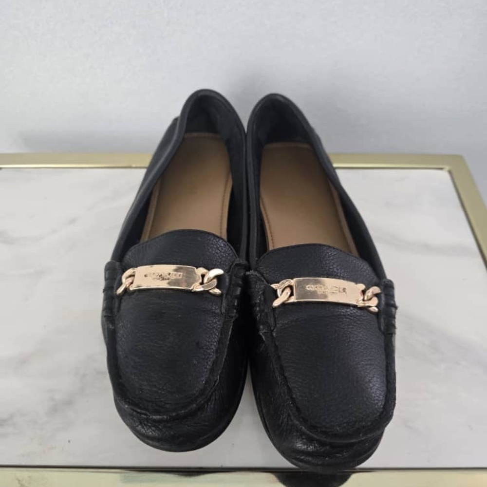 COACH Black Leather Gold Buckle Loafers Size 36.